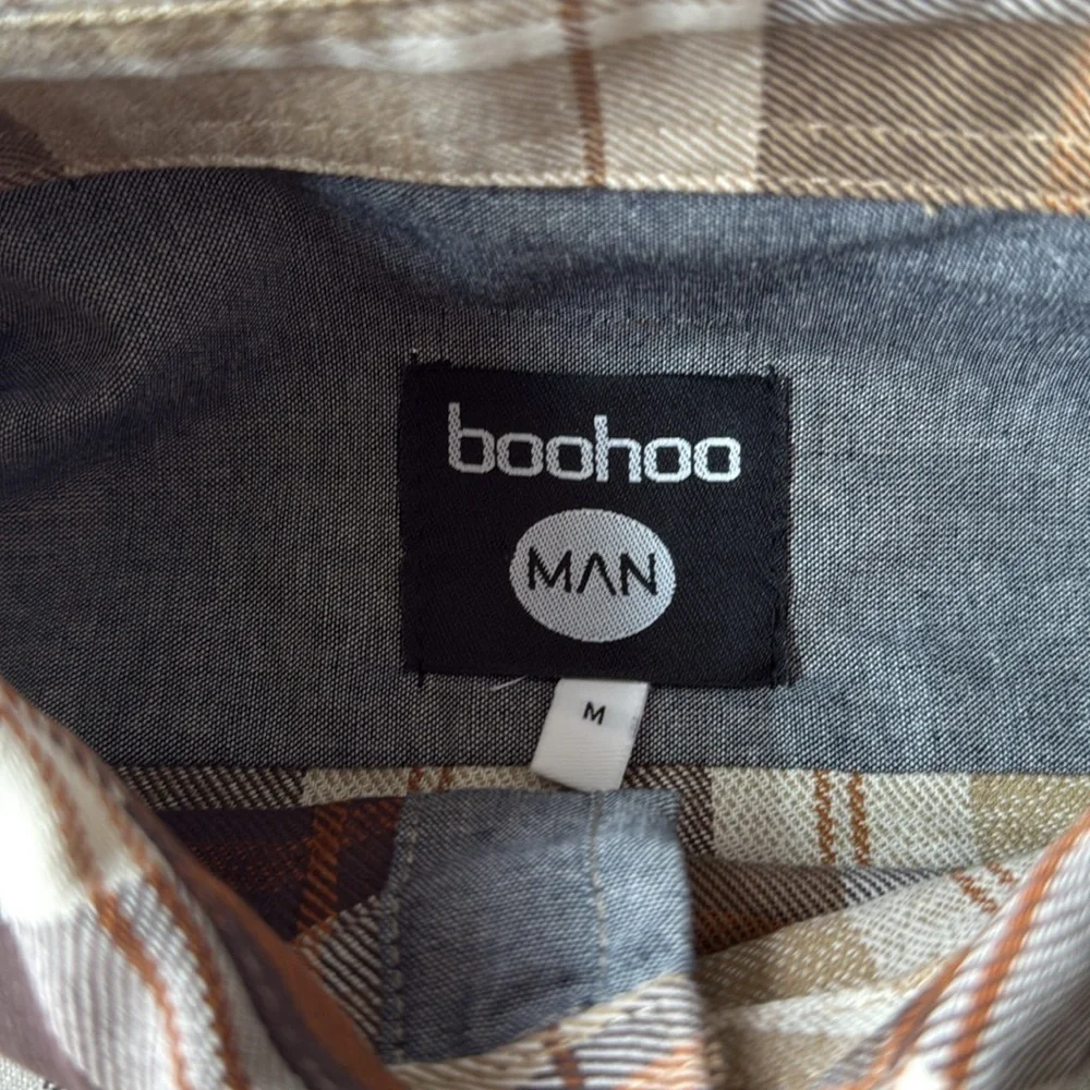 Boohoo Man Shirt Brown Plaid Button Down Cotton Long Sleeve Shirt Size Medium